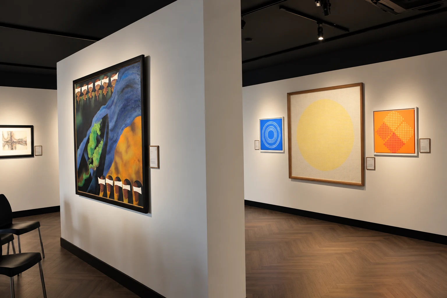 Installation with figurative and geometric abstract paintings
