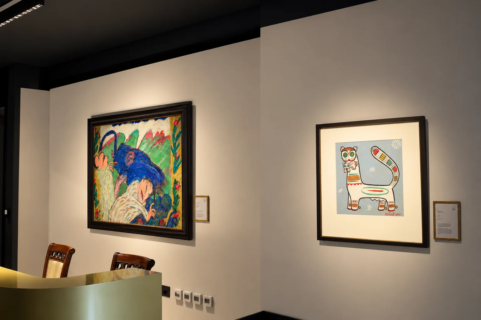 Colourful expressionist paintings near the gallery reception