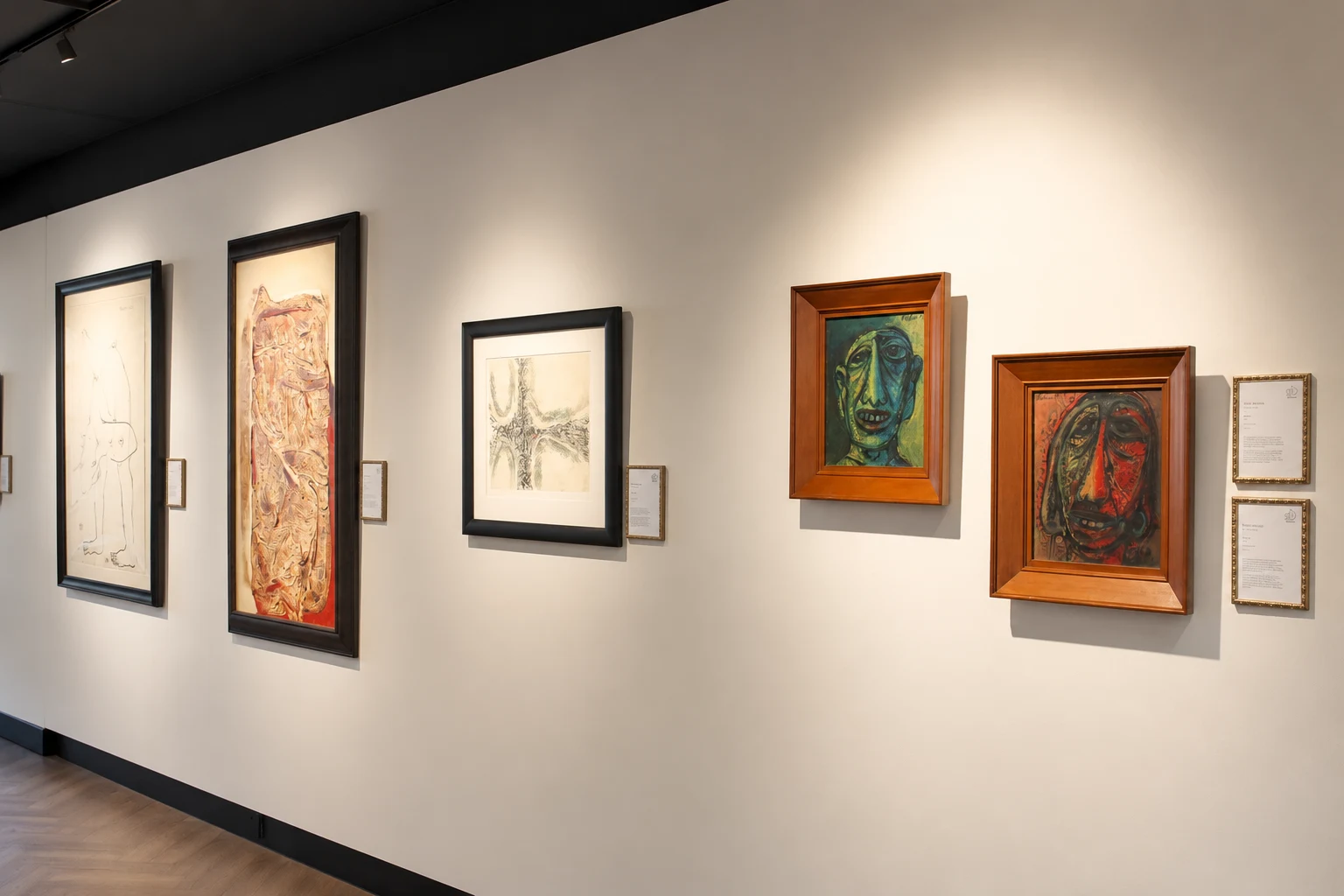 Paintings and works on paper along the gallery wall